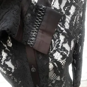 Whimsigoth Lace Button Down Shirt Sm Black Sheer Floral Sleeve Vampy Dark Witchy thumbnail 4