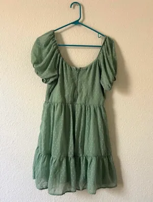Trixxi Sage Green Puff Sleeve Swiss Dot Mini Dress M Cottagecore Summer thumbnail 5