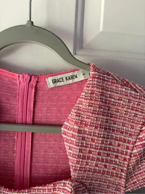 Grace Karin Pink Tweed Square Neck Mini Fit and Flare Dress Sz S VTG 60s Insp thumbnail 6
