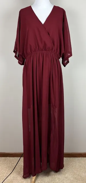 ANRABESS Maxi Dress‎ XL Maroon Sheer Lined Slit Dolman 3/4 Sleeve Elastic Waist thumbnail 1