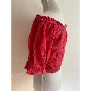 American Eagle Crop Top Small Red Lace Off Shoulder Tassel Gauze Boho Peasant thumbnail 2