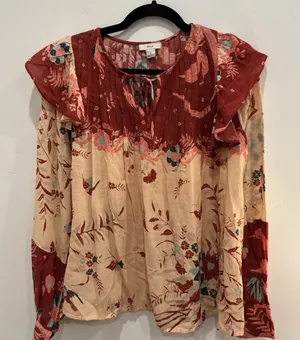 Othilia Blouse Red Cream Floral Ruffle Shoulder Pleated Boho Top Large thumbnail 1