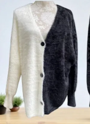 Black White Colorblock Fuzzy Cardigan Sweater Size XL Oversized Drop Shoulder thumbnail 1
