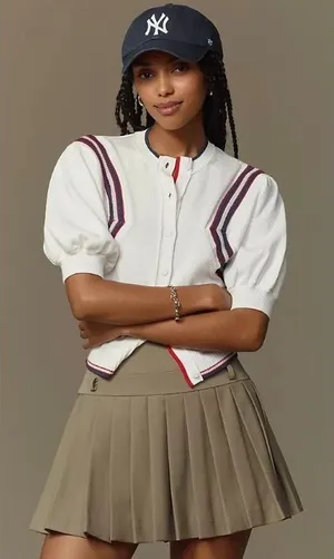 Maeve Puff Sleeve Cardigan White Inset Graphic Button Front‎ Sweater Size S thumbnail 1