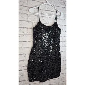 Vtg Hollywood Nites Sequin Dress Sz 8 Homecoming Black Cocktail Cami Mini 90s thumbnail 3