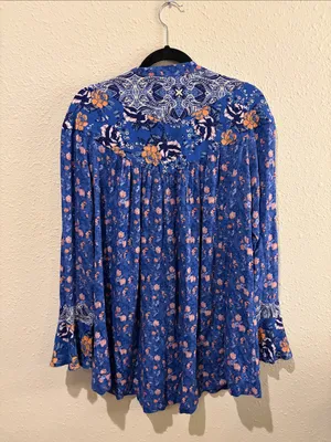 Free People Blue Floral Paisley Tunic with Orange Accents thumbnail 3