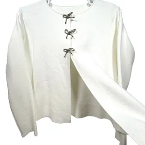 Bow‎ Front Cardigan Sweater Rhinestone Textured Knit Winter White Women's L thumbnail 1