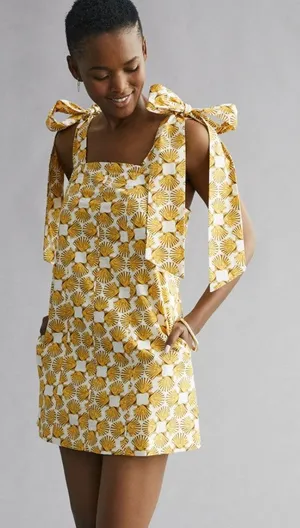 Anthropologie Maeve Yellow White Shell Print Tie-Strap Mini Dress Size L thumbnail 1