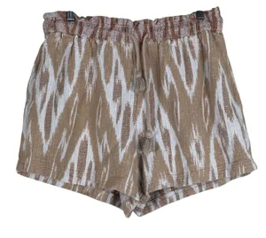 Aerie Ikat Print Paperbag Waist Shorts Tan White Boho Tassel Drawstring Size L thumbnail 1