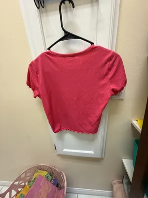 Popular 21 Pink Ribbed Short Sleeve Lettuce Edge Crop Top thumbnail 3