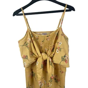 No Boundaries Yellow Floral Smocked Tie Front Back Cut Out Summer Jumpsuit L NWT thumbnail 3