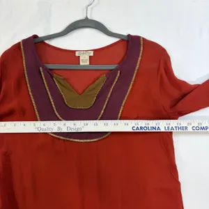 Lucky Brand Rust‎ Red Boho Beaded Bib Long Sleeve Rayon Blouse Small Metallic thumbnail 5