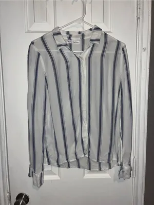 Reformation White Button-Down Shirt with Navy Stripes thumbnail 3