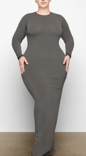 Skims Women’s Smooth Lounge Long Sleeve Maxi Dress Gunmetal Gray Size 2X thumbnail 1