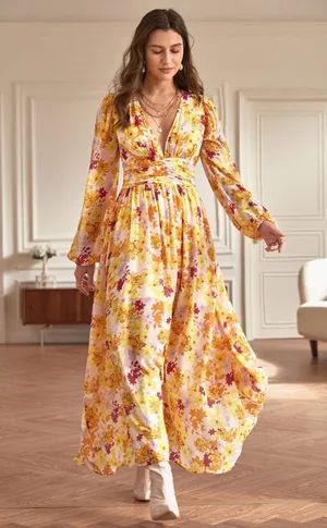 New SHEIN Frenchy Yellow Floral Lined Maxi Dress Boho Long Sleeve Formal Wedding thumbnail 1