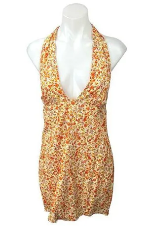 NEW Motel Orange Leana Ditsy Floral Halter Plunge V Sleeveless Mini Dress Size L thumbnail 1