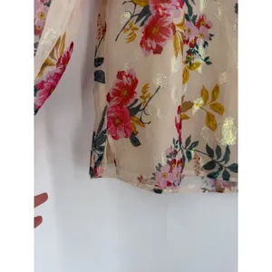 LOFT Floral Blouse Women XS Cream Gold Metallic Shimmer Puff Sleeve Cottagecore thumbnail 9