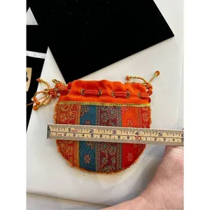 Orange beaded Indian drawstring jewelry/cosmetic pouch - beaded one side - desig thumbnail 11