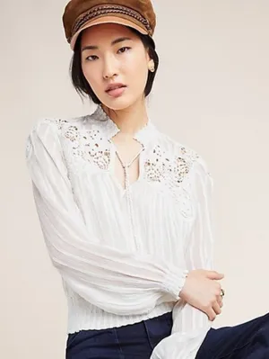 Anthropologie Moira peasant blouse intricate lace smocked cuffs V Neck 0 thumbnail 1
