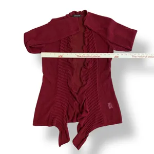 Eileen Fisher Wine Red Linen Blend Open Knit Open Front Ruffle‎ Cardigan Size XS thumbnail 3