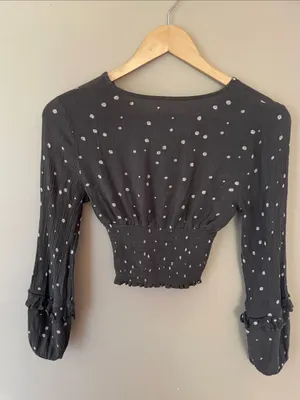 Altar'd State Black White Polka Dot Smocked Wrap Crop Blouse thumbnail 4