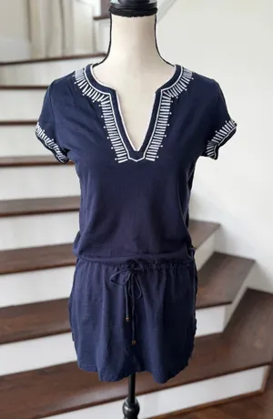 Tory Burch Navy & White Embroidered Blouson Short Sleeve Shift Dress thumbnail 1