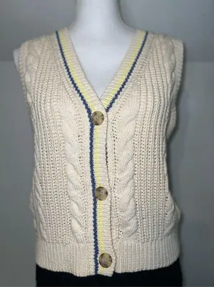 NEW American Eagle Cable Knit Button Vest, Size M, Beige and Blue thumbnail 1