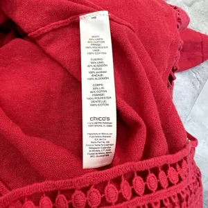 Chico's Womens Sz 1 like 8/Medium Red 3/4 Sleeve Open Front Linen Fringe Sweater thumbnail 4