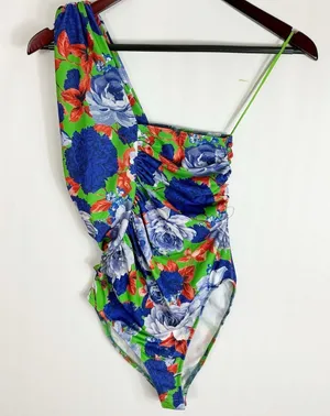 Zara Womens One Shoulder Bodysuit Floral Green Blue Small thumbnail 1