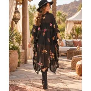 DO EVERYTHING IN LOVE Embroidered Floral Kimono Wrap Black Bohemian One Size thumbnail 7