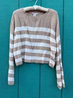 Sincerely Jules Womens Tan‎ White Striped Ribbed Knit Cropped Sweater ST20805 L thumbnail 1