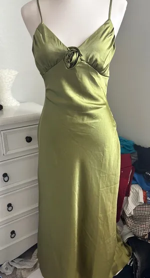 Satin Green Rosette Maxi Dress Floral Slip Olive Lime Formal Evening Gown thumbnail 1