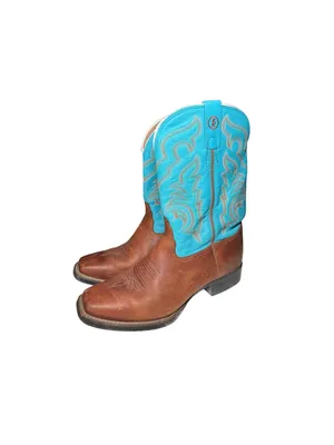 Tony Lama Brown Leather Cowboy Boots with Turquoise Shaft square toe cowgirl 10C thumbnail 2