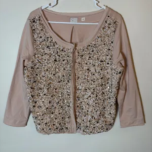 Anthropologie Postmark Paillette Sequin Cardigan Size‎ Large Tan thumbnail 2