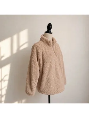 Kensie Women’s S Beige Teddy Sherpa Fleece Quarter Zip Pullover Cozy Soft thumbnail 3