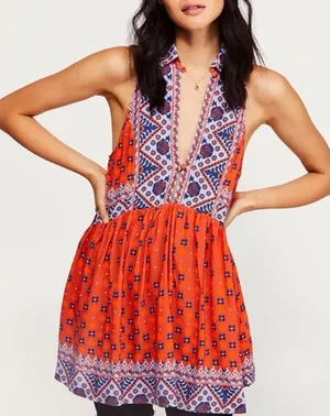 🔥 Free People Charlotte Rust Printed Tunic Tank Size‎ S Boho 🧡 thumbnail 1