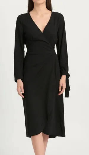 Wilfred Aritzia Dress Womens Small Black Wrap Midi Long Sleeve V-Neck LBD thumbnail 1