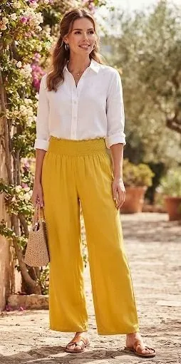 Miss Universe 06 Zuleyka Rivera Mustard Yellow Wide Leg Smocked Waist Pants Lrge thumbnail 1