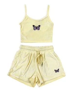 Shein Yellow‎ Velour Butterfly Crop Tank Top & Shorts Set Size XS thumbnail 1