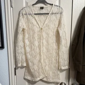 Cream Open Knit Sheer Lace Long Sleeve Duster Cardigan Boho Festival Hippie thumbnail 3