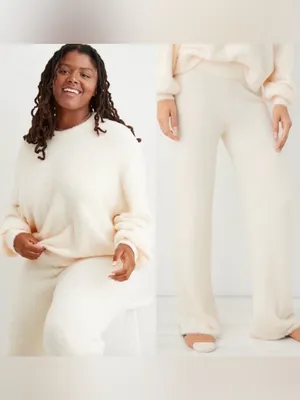Aerie Matching Sweater Set Cream White Fuzzy Fluffy Marshmallow Medium & Pants thumbnail 2