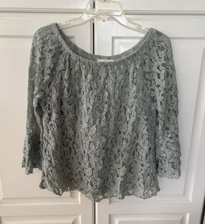 Belle France Sage Green Lace‎ Blouse Made in Italy Tiered Bell Sleeve Top Medium thumbnail 1