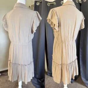 Emma &‎ Michele Shirt Dress Womens Medium Tan Flutter Sleeve Tiered Boho thumbnail 13