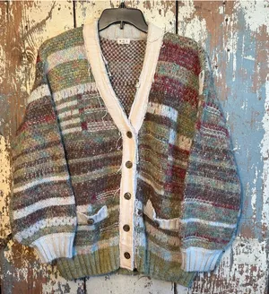 POL Warm Wishes Rowan Cardigan Sweater Olive Green Chunky Knit Boho Womens L thumbnail 1