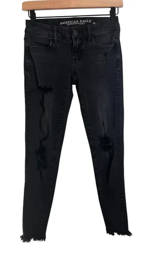 American Eagle Super Stretch X Skinny Jeans Black Distressed Ripped Frayed Hem 0 thumbnail 1