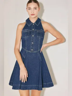 Flying Tomato Denim Halter Mini Dress Button Front Fit & Flare A-Line Sleeveless M thumbnail 2