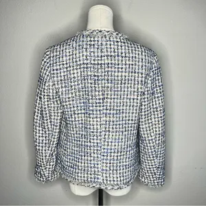 NEW Ann Taylor Blue Tweed Glitter Open Front Fringe Blazer Jacket Preppy Office thumbnail 3