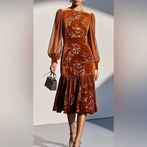 Fehaute Velvet Crew Neck Mermaid Midi Dress 12 Brown/Rust NWT IN PACKAGE thumbnail 5