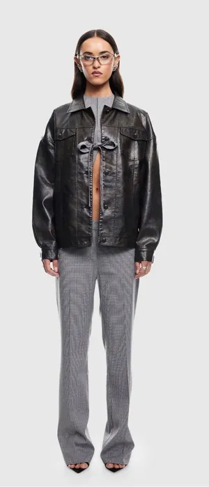 Lioness Black Leather Button-Front Bomber Jacket thumbnail 1