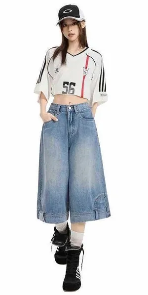 Women’s Wide Leg Baggy Denim Shorts Y2K Streetwear Vintage Washed Jean Bermuda thumbnail 1